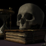 Image d'un crâne humain posé sur un livre ancien, entre une vieille bougie et un sablier.