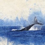 Aquarelle représentant une baleine plongeant dans l'océan